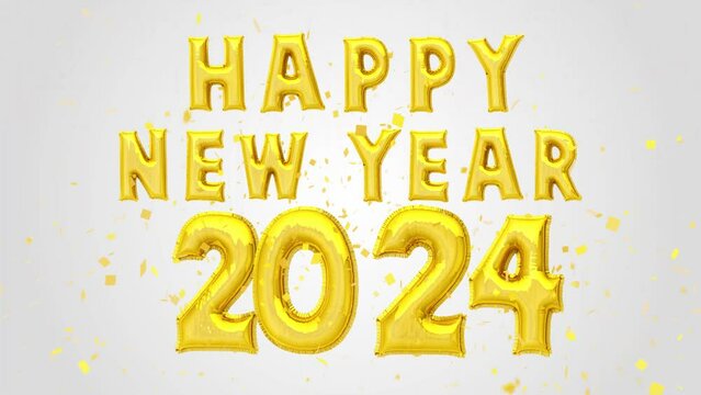 Happy new year 2024 Golden Balloons Text decoration glitter gold confetti on trendy background. Holiday greeting card design. Shiny festive party congratulations invitation, calendar theme design