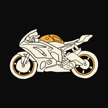 White sport Motorcycle silhouette. Side view. Two-wheeled vehicle. Personal transport. Hand drawn trendy Vector illustration. Logo, icon, poster, print template. Isolated on black