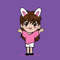 Cute cartoon K-pop girl with rabbit ears wearing a pink t-shirt. for avatars, stickers, t-shirts, postcards, stickers, printing on the bag. vector