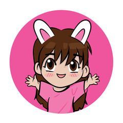 Cute cartoon K-pop girl with bunny ears wearing a pink t-shirt. for avatars, stickers, t-shirts, cards, stickers, printing on the bag. vector