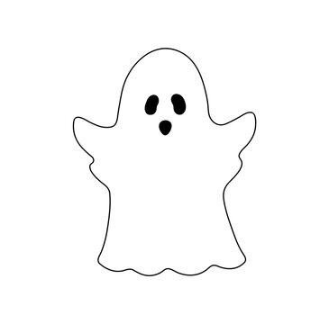Vector isolated cute cartoon flying frightening ghost with eye holes under white sheet  colorless black and white contour line easy drawing