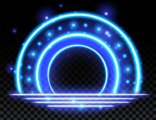 Blue magic arc. Abstract magic light effect. Luminous neon arch lines with flying lights.