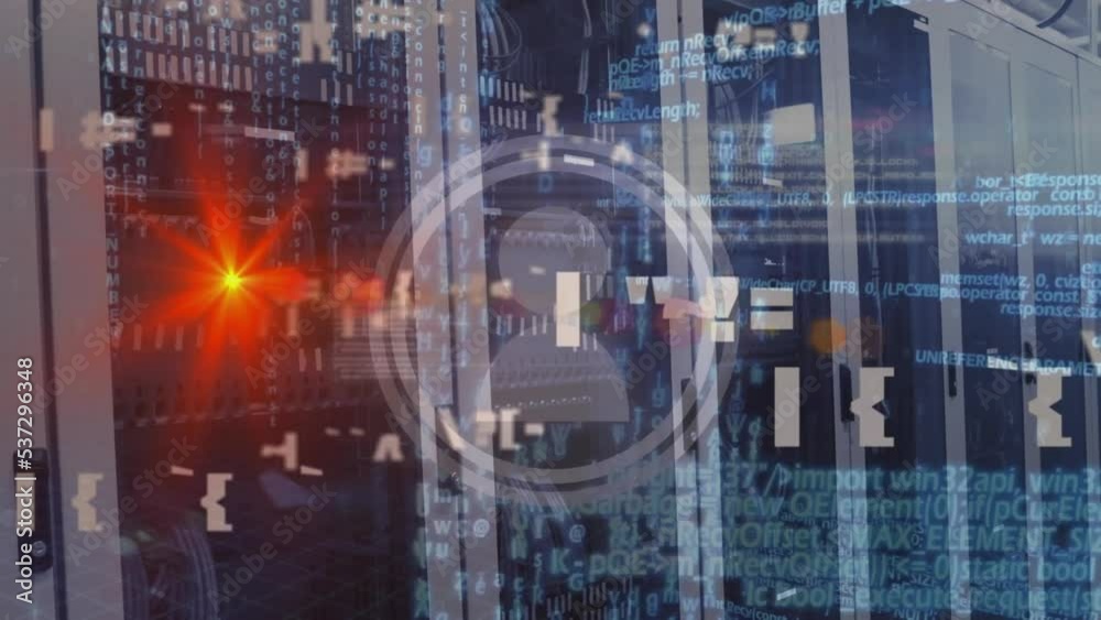 Poster animation of orange light spot over profile icons and data processing against computer server