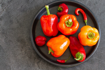 Different varieties of peppers picked from the garden and arranged on a table