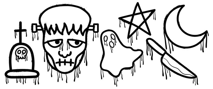 Set of graffiti spray pattern. Collection of halloween symbols, ghost, frankenstein, coffin, star, knife with spray texture. Elements on white background for banner, decoration, street art, halloween.