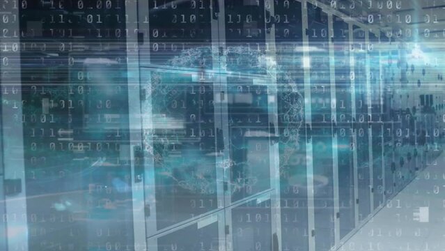 Animation of binary coding and human brain icon against computer server room
