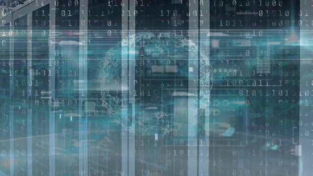 Animation of binary coding and human brain icon against computer server room