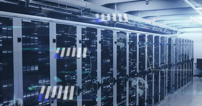 Animation of mathematical equations and data processing against empty computer server room - Powered by Adobe