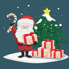 Christmas holiday decoration background with Tree Gift box and santa claus man isolated vector illustration. Happy new year winter holiday.