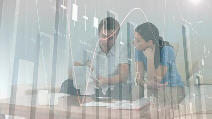 Animation of statistical data processing against stressed caucasian couple calculating finance - Powered by Adobe