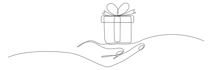 Human hand holding gift box continuous line. One line art drawn surprise. Birthday symbol. Vector isolated on white.