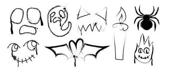 Set of graffiti spray pattern. Collection of halloween symbols, ghost, bat, candle, spider, horror face with spray texture. Elements on white background for banner, decoration, street art, halloween