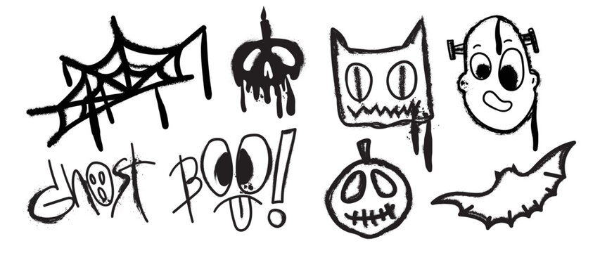 Set of graffiti spray pattern. Collection of halloween symbols, bat, frankenstein, skull, cat, spider web with spray texture. Elements on white background for banner, decoration, street art, halloween