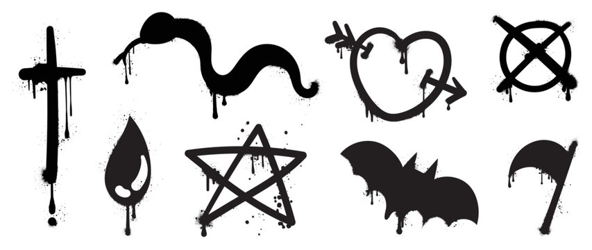 Set of graffiti spray pattern. Collection of halloween symbols, snake, cross, star, blood, bat, sickle with spray texture. Elements on white background for banner, decoration, street art, halloween
