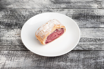 Dessert, berry dessert on a wooden white background