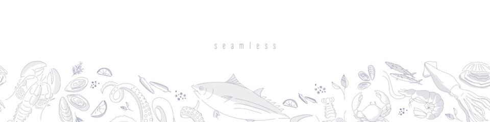 Horizontal Seafood seamless border on white background. Hand drawn sea fishes and fish fillet, oysters, mussels, lobster, squid and octopus, crabs, prawns. Healthy food natural set.