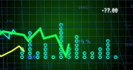 Animation of statistical data processing over grid network against green background - Powered by Adobe