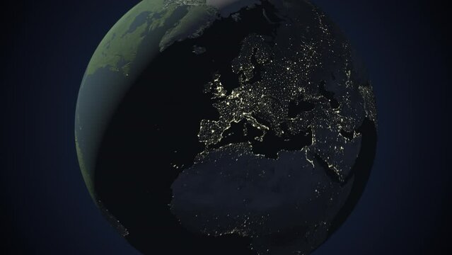 Seamless looping animation of the earth at night zooming in to the 3d map of Estonia with the capital and the biggest cites in 4K resolution
