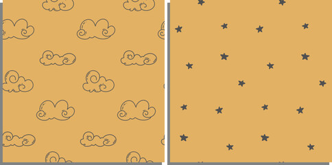 Seamless pattern with cute clouds and stars. Pattern for packaging. Children's cute drawing. Vector ornament. A simple line drawing.