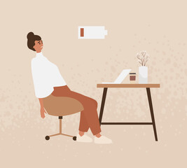 Fototapeta premium Woman got burnout in workplace. Vector illustration of stressed, overworked tired professional. Employee without energy.