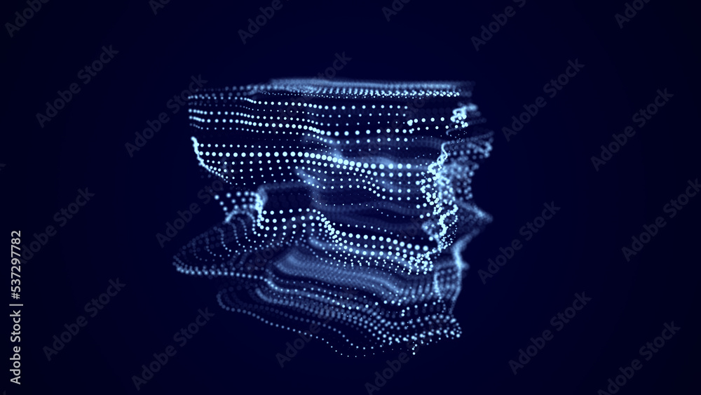 Aufkleber Abstract blue cube with connecting dots and lines. Big data visualization. Blockchain technology concept. Wireframe network connection structure. 3d rendering.