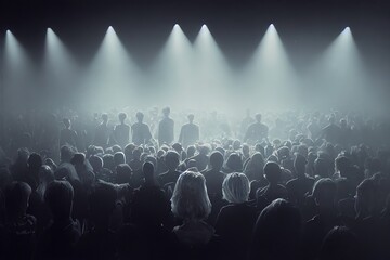 Concert crowd with lights and people silhouettes. 3d render.
