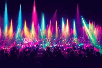 Fototapeta na wymiar Concert crowd with vibrant lights and people silhouettes. 3d render.