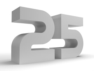 Isolated Silver Jubilee Mark or Number 25 in 3D on White Background, Larger than Life, 3D illustration.