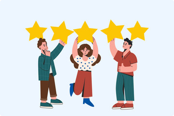 People holding gold stars and leaving positive review. Customer feedback concept. Client satisfaction rating, opinion of service or product. Evaluation and quality rate flat vector illustration.