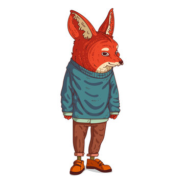 Cool Urban Guy, isolated vector illustration. A trendy dressed fox person. Animal art. A fennec with a human body in a casual outfit on white background. Drawn animal sticker. Calm fox character.
