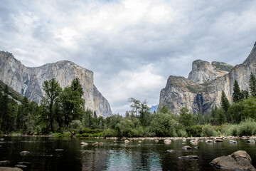 Yosemite valley. Stunning scenery of mountains and forests in Yosemite National park in a cloudy day, California