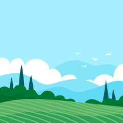 Summer italian landscape of nature. Panorama with green forest, cypress, fields and blue sky with clouds. Rural scener. Flat vector illustration