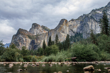 Yosemite valley. Stunning scenery of mountains and forests in Yosemite National park in a cloudy day, California