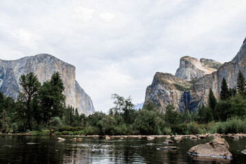 Yosemite valley. Stunning scenery of mountains and forests in Yosemite National park in a cloudy day, California