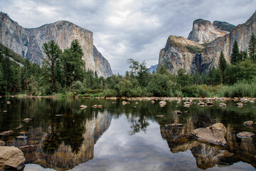 Yosemite valley. Stunning scenery of mountains and forests in Yosemite National park in a cloudy day, California
