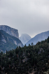 Yosemite valley. Stunning scenery of mountains and forests in Yosemite National park in a cloudy day, California