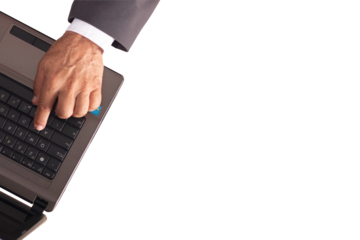 Notebook with hand typing. Business man. Top view.