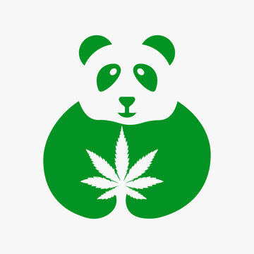Panda Cannabis Logo Negative Space Concept Vector Template. Panda Holding Marijuana Symbol