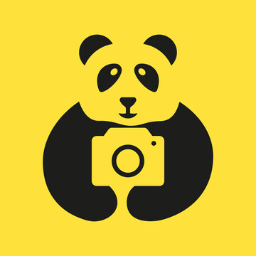 Panda Camera Logo Negative Space Concept Vector Template. Panda Holding Camera Symbol