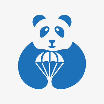 Panda Parachute Logo Negative Space Concept Vector Template. Panda Holding Parachute Symbol