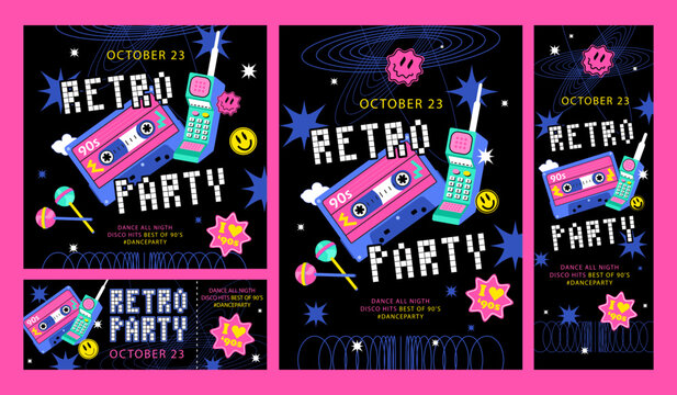 A set of posters and banners retro party in the style of the 90s, 80s. Poster of retro wave, retro fashion, disco and pixels