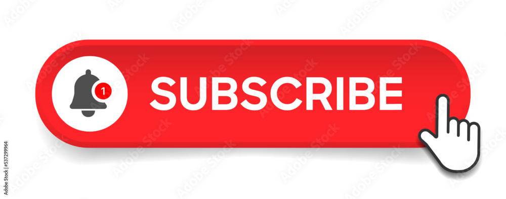Poster Subscribe button Bell, notification icon button and hand cursor click. Red button subscribe to channel social media, marketing, blog. Vector illustration for website, mobile app, UI UX. EPS 10