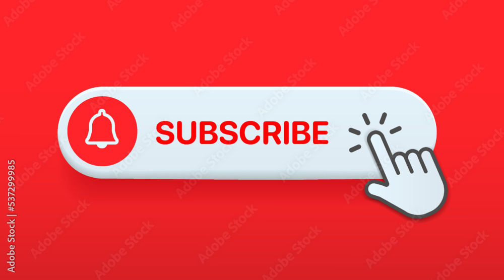Poster Subscribe button Bell, notification icon button and hand cursor click. Red button subscribe to channel social media, marketing, blog. Vector illustration for website, mobile app, UI UX. EPS 10