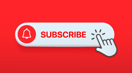Subscribe button Bell, notification icon button and hand cursor click. Red button subscribe to channel social media, marketing, blog. Vector illustration for website, mobile app, UI UX. EPS 10 - obrazy, fototapety, plakaty