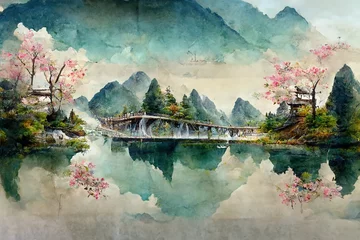 Keuken spatwand met foto Minimalistic mountain landscape with watercolor brush in Japanese traditional style. Wallpaper with abstract art for prints or covers. 3d artwork © Zaleman
