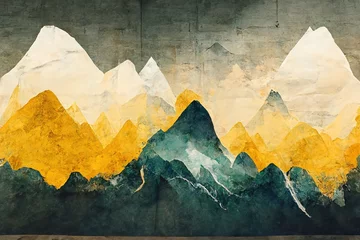 Deurstickers Minimalistic mountain landscape with watercolor brush in Japanese traditional style. Wallpaper with abstract art for prints or covers. 3d artwork © Zaleman