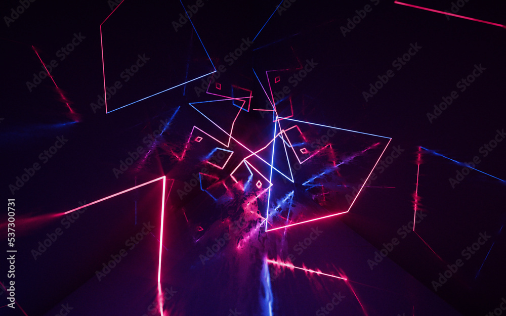 Wall mural Dark tunnel with glowing neon lines, 3d rendering.