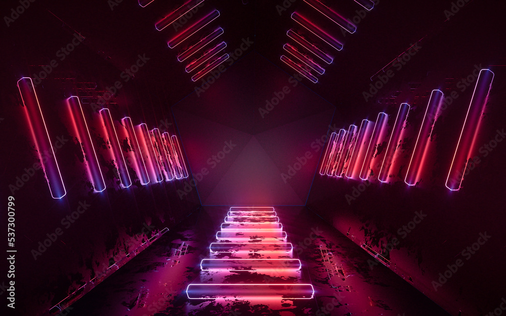 Poster Dark tunnel with glowing neon lines, 3d rendering.