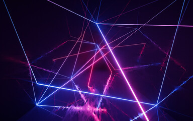 Dark tunnel with glowing neon lines, 3d rendering.