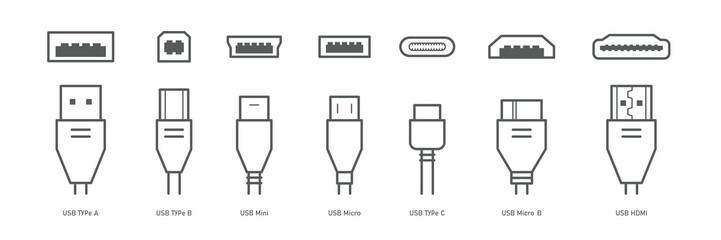 Cable connectors and plugs line icons set . USB, HDMI, ethernet icon set. Mini, micro, lightning, type A, B, C connectors. Vector illustration white  background - obrazy, fototapety, plakaty